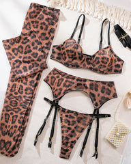 Sexy Leopard Push-Up Bra Underwear Thong Set With Stockings and Choker 6 Pieces Set