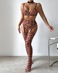 Sexy Leopard Push-Up Bra Underwear Thong Set With Stockings and Choker 6 Pieces Set