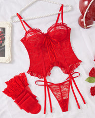 Sexy Lace Hollow Straps Thin Bra Thong and Stockings Three-Piece Set