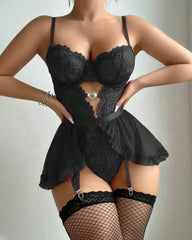 Sexy Lace Hollow Heart-Shaped Decoration Detachable Waist Seal One-Piece Pajamas Two-Piece Set