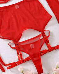 Sexy Metal Chain Suspender Heart Wire Ring Mesh See-through Pajama Set