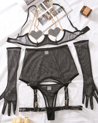 Sexy Metal Chain Suspender Heart Wire Ring Mesh See-through Pajama Set