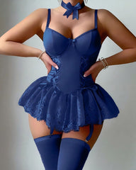 Sexy Floral Lace Low Cut Suspender Babydoll Dress with Garter Stockings