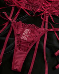 Sexy Lace Low-Cut Gathered String Bra and Thong Pajamas Set