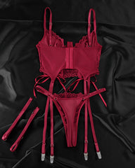 Sexy Lace Low-Cut Gathered String Bra and Thong Pajamas Set