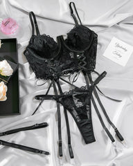 Sexy Lace Low-Cut Gathered String Bra and Thong Pajamas Set