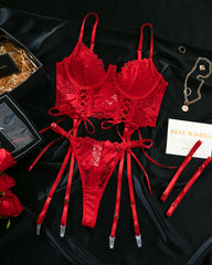 Sexy Lace Low-Cut Gathered String Bra and Thong Pajamas Set