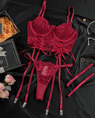 Sexy Lace Low-Cut Gathered String Bra and Thong Pajamas Set