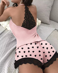 Milk Silk V-neck Suspender Lace Back Colorblock Top and Shorts Pajama Set