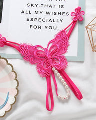 Sexy Lace Embroidery Crotchless Pearl Thong