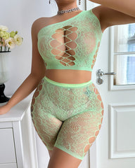 Sexy High Elastic Asymmetric Off-shoulder Fishnet Hollow Bodysuit Bra Shorts Set