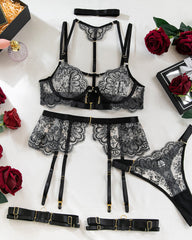 Sexy Embroidered Lace Stitching Garter Mesh pajamas Set