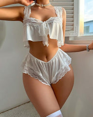 Floral Lace Front Tie Ruffle Cropped Camisole Top and Shorts 2-Piece Set