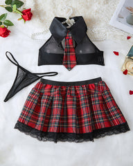 College Style Sexy Cosplay Halter Neck Backless Top and Plaid Skirt Set