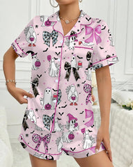 Women's Halloween Printed Casual Short Sleeve Top and Shorts Pajama Set