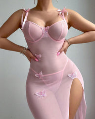 Butterfly Applique Mesh Sheer Slit Fitted Camisole Nightdress and Thong Set