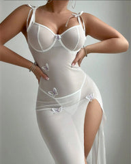 Butterfly Applique Mesh Sheer Slit Fitted Camisole Nightdress and Thong Set