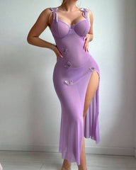 Butterfly Applique Mesh Sheer Slit Fitted Camisole Nightdress and Thong Set