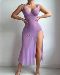 Butterfly Applique Mesh Sheer Slit Fitted Camisole Nightdress and Thong Set