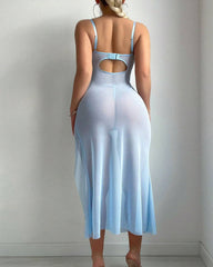 Butterfly Applique Mesh Sheer Slit Fitted Camisole Nightdress and Thong Set