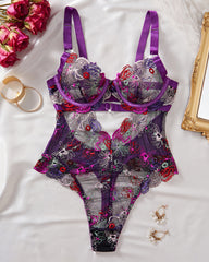 Colorful Flower Embroidery Sexy Lace Underwire Gathered Mesh Bodysuit