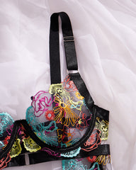 Colorful Flower Embroidery Sexy Lace Underwire Gathered Mesh Bodysuit