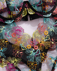 Colorful Flower Embroidery Sexy Lace Underwire Gathered Mesh Bodysuit