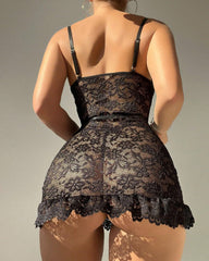 Women's Floral Lace Sheer Ruffle Hem Suspender Nightdress and Thong Set