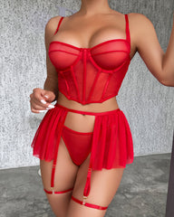 Sexy Mesh See-Through Pajamas Three-Piece Set