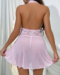 Sexy Lace Halterneck Deep V Backless Mesh Nightdress Set