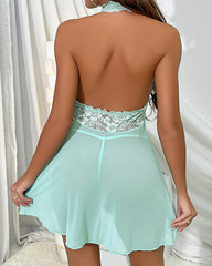 Sexy Lace Halterneck Deep V Backless Mesh Nightdress Set
