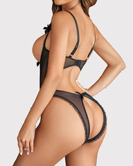 Sexy Flower Lace Mesh Stitching Chest Hollow Open Crotch One-Piece Pajamas