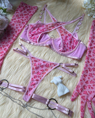 Pink Leopard Print Metal Chain Bra Set with Gloves and Leg Rings