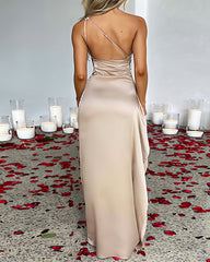 Women's Sexy One Shoulder Satin High Slit Cocktail Wedding Party Long Dress