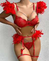 Sexy Lace Metal Chain Feather Embellished Pajama Set