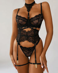 Sexy Halterneck Lace Push-Up Bra Pajamas Set