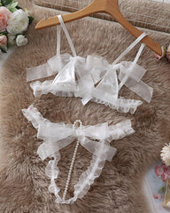 Lace Mesh Bow Tie Pearl Decoration Lingerie Set
