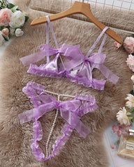 Lace Mesh Bow Tie Pearl Decoration Lingerie Set
