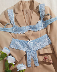 Sexy Lace Mesh Open Crotch Hollow Bra Underwear Set