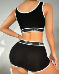 Yoga Letter Tape Contrast Bra and Boxer Briefs Casual Sports Set