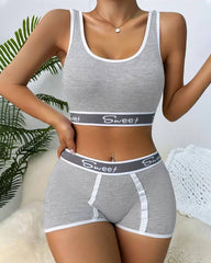 Yoga Letter Tape Contrast Bra and Boxer Briefs Casual Sports Set