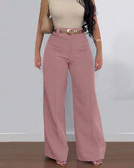 Casual High Waist Solid Color Pocket Wide Leg Pants