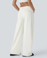 Asymmetric Low-Rise Zipper Pocket Loose Wide-Leg Washed Jeans