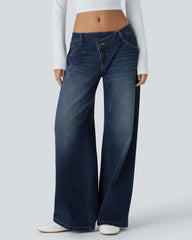 Asymmetric Low-Rise Zipper Pocket Loose Wide-Leg Washed Jeans