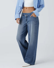 Asymmetric Low-Rise Zipper Pocket Loose Wide-Leg Washed Jeans