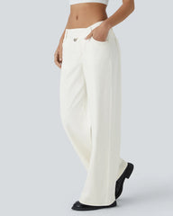 Asymmetric Low-Rise Zipper Pocket Loose Wide-Leg Washed Jeans