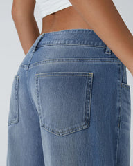 Asymmetric Low-Rise Zipper Pocket Loose Wide-Leg Washed Jeans