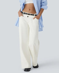 Asymmetric Low-Rise Zipper Pocket Loose Wide-Leg Washed Jeans