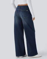 Asymmetric Low-Rise Zipper Pocket Loose Wide-Leg Washed Jeans