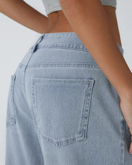 Asymmetric Low-Rise Zipper Pocket Loose Wide-Leg Washed Jeans